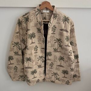 Vintage Palm Tree Jacket Tropical Print Zip Front Tan Green Preswick & Moore L